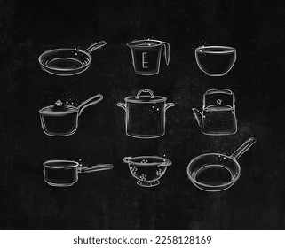 Kitchen appliances for everyday cooking drawing in graphic style on black background