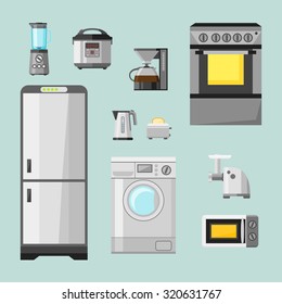 Kitchen appliances flat icons set. Set of cooking elements: electric kettle, toaster, fridge, microwave, coffee machine, blender, grinder, stove.