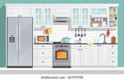 Kitchen appliances. flat room vector illustration. indoor kitchen Interior with, stove, cupboard, dishes and fridge. culinary decorations collection. flat kitchen banner with white cupboards. 