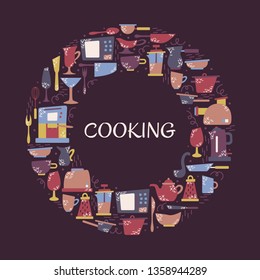 Kitchen appliances in the flat style with doodles. Utensils for cooking. Round frame with a place for text.