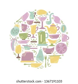 Kitchen appliances in the flat style with doodles. Utensils for cooking. Round shape.