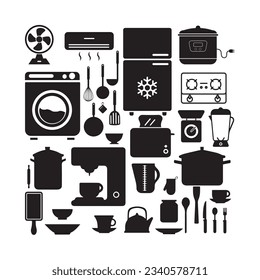 Kitchen appliances. frezzer, air conditioner, fan, stove, rice cooker, washing machine, pots, glasses, plates, bowls, spoons, forks, etc.