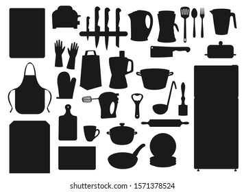 Kitchen appliances, household cooking utensils and kitchenware. Vector cutlery fork and knife, electric kettle, refrigerator and microwave oven, stove and saucepan, mixer blender and cutting board