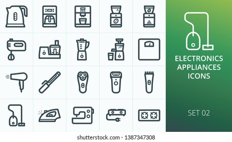 Kitchen appliances and household electronics icons set. Set of kettle, mixer, blender, juicer, scales, iron, vacuum cleaner, coffee machine, curling iron, food processor, electric razor icons