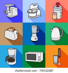 Kitchen appliances icon colour flat. Meat mincer, mixer, juicer, toaster, blender, kettle, coffee maker, microwave.