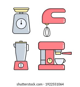 Juego de iconos de aparatos de cocina. Máquina de café, mezcladora y báscula para aplicaciones web y conceptos móviles. Ilustración del vector EPS10