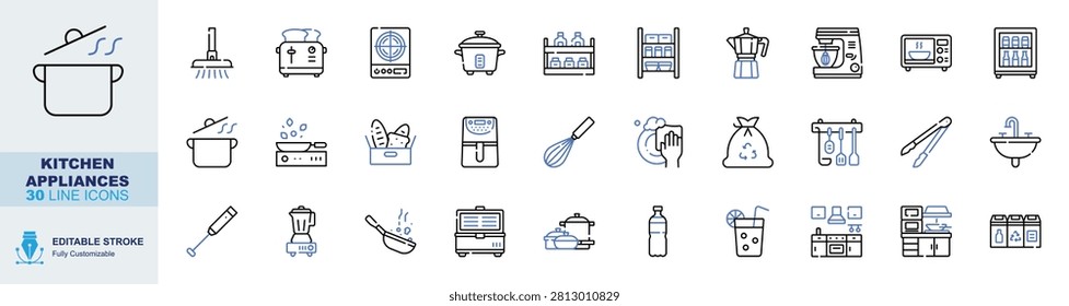 Kitchen appliances icon set. Editable line icons cooking pot, range hood, toaster, induction stove and slow cooker vector illustration