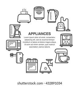 Kitchen appliances icons in a circle composition made in line art style.