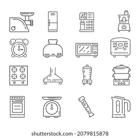 Kitchen appliances icons. Collection of simple images for restaurant. Set of modern appliances for cooking. Blender, microwave. Cartoon flat vector illustrations isolated on white background