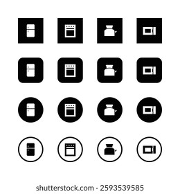 Kitchen appliances icons, minimalist design, black and white, geometric shapes, refrigerator, oven, kettle, microwave, squared icons, circular icons, simple silhouettes, cooking equipment symbols.