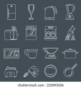 Kitchen appliances icons outline set with toaster mixer dish frying pan isolated vector illustration