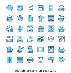 Iconos de electrodomésticos de cocina. Símbolos de contorno. Conjunto de iconos de línea azul de Vector