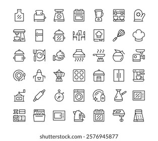 Kitchen appliances icons. Outline symbols collection. Premium vector line icons set