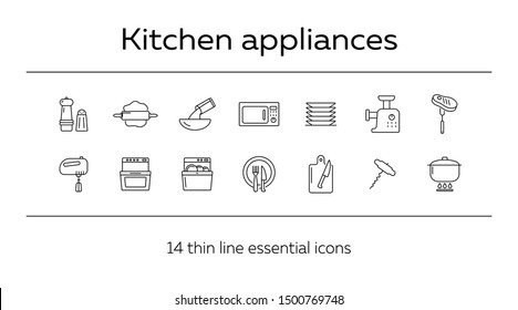 Kitchen appliances icons. Set of line icons. Mincing machine, mixer, rolling pin. Culinary concept. Vector illustration can be used for topics like restaurant business, cooking