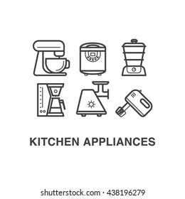Kitchen appliances icons set with mixer bowl, multi cooker, steamer, coffee maker, meat grinder and mixer icons.