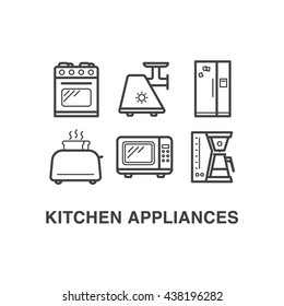 Kitchen appliances icons set with stove, meat grinder, fridge, toaster, microwave and coffee maker icons.