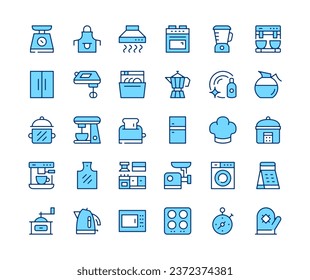 Kitchen appliances icons set. Vector line icons. Blue color outline stroke symbols. Modern concepts