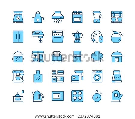 Kitchen appliances icons set. Vector line icons. Blue color outline stroke symbols. Modern concepts
