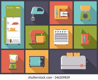 Kitchen Appliances icons vector illustration. Flat design illustration with various electric cooking appliances.