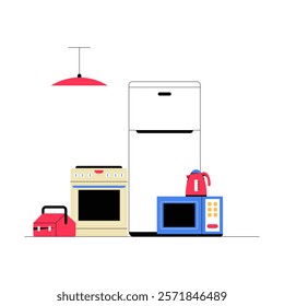 Kitchen Appliances Including Refrigerator, Oven, Microwave, Kettle, And Toolbox In Flat Vector Illustration Symbolizing Home Appliances And Utility, Isolated On White Background