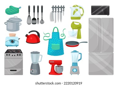 Kitchen Appliances and Kitchenware with Utensil and Electronic Device Big Vector Set