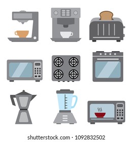 Kitchen appliances kitchenware vector icon set color, icons such as oven, microwave, toaster, coffee maker and others