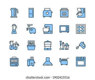 Kitchen appliances line icon set blue color. Vector illustration household equipment for cooking. Editable strokes