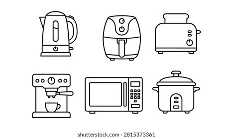 Kitchen appliances line icon set with kettle air fryer toaster coffee maker microwave and rice cooker vector illustration
Modern line icon collection of kitchen appliances including an electric kettle, air fryer, toaster, coffee maker, microwave and rice cooker. Perfect for home appliance stores and kitchenware branding.