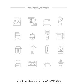 Kitchen appliances line icon set. Kitchenwares collection. Mixer, grinder, stove, oven, soup boiler, microwave, rice cooker, coffee machine, toaster and chocolate fountain. Vector Cooking Equipment. 