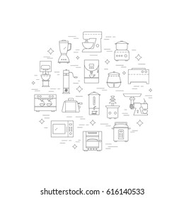 Kitchen appliances line icon set. Kitchenwares collection. Mixer, grinder, stove, oven, soup boiler, microwave, rice cooker, coffee machine, toaster and chocolate fountain. Vector Cooking Equipment. 