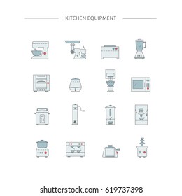 Kitchen appliances line icon set. Kitchenwares collection. Mixer, meat grinder, stove, oven, soup boiler, microwave, cooker, coffee machine, toaster and chocolate fountain. Vector Cooking Equipment. 