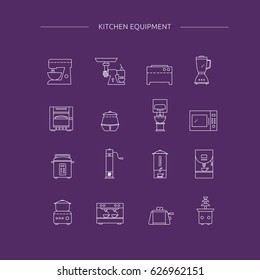 Kitchen appliances line icon set. Kitchenwares collection. Mixer, meat grinder, stove, oven, soup boiler, microwave, cooker, coffee machine, toaster and chocolate fountain. Vector Cooking Equipment. 