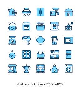 Kitchen appliances line icons. Blue color. Vector line icons set