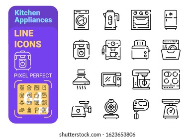 Kitchen appliances line icons set vector illustration. Collection consista of meat grinder boiler multi cooker and more symbols flat style design. Cook equipment concept