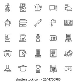 Juego de iconos de línea de electrodomésticos de cocina. colección de símbolos de estilo lineal, paquete de signos de contorno. Gráficos vectoriales de electrodomésticos de cocina. El conjunto incluye un icono como procesador de alimentos, cocina eléctrica, microondas, mezclador, parrilla