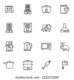 Kitchen appliances line icons set, outline vector symbol collection, linear style pictogram pack. Signs, logo illustration. Set includes icons as toaster, dishwasher, electric mixer, coffee machine