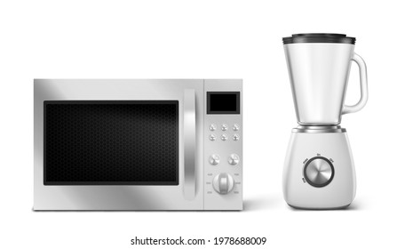 Kitchen appliances microwave and blender. Household technics with digital display, buttons and turners front view, home tech for cooking food isolated on white background realistic 3d vector equipment