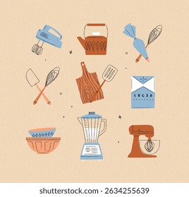Kitchen appliances mixer, teapot, pastry bag and whisk, sugar pack, bowl, blender illustrations drawing in vintage style on beige background