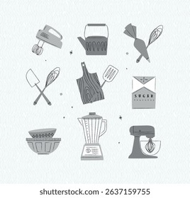 Kitchen appliances mixer, teapot, pastry bag and whisk, sugar pack, bowl, blender illustrations drawing in vintage style on grey background
