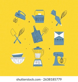 Kitchen appliances mixer, teapot, pastry bag and whisk, sugar pack, bowl, blender illustrations drawing in vintage style on yellow background