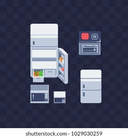 Kitchen appliances pixel art icon set fridge microwave oven and cupboard isolated vector illustration 8-bit sprite video game assets. Kitchen utensils.