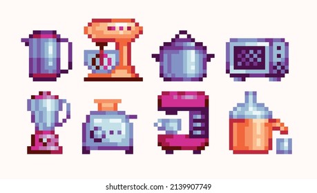 Kitchen appliances pixel art icon. Electronic kettle, microwave, coffee machine, mixer, toaster, and cooker 8 bit sprite. 111 old school video game element. Isolated cartoon vector illustration.