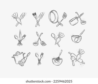 Kitchen appliances to prepare food and bakery drawing in graphic style on grey background