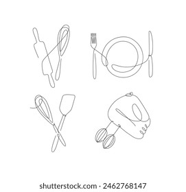 Kitchen appliances rolling pin, whisk, fork, knife, plate, spatula, mixer drawing in linear style on white background.