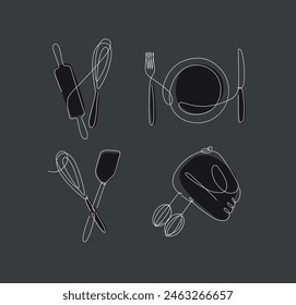 Kitchen appliances rolling pin, whisk, fork, knife, plate, spatula, mixer drawing in linear style on black background.