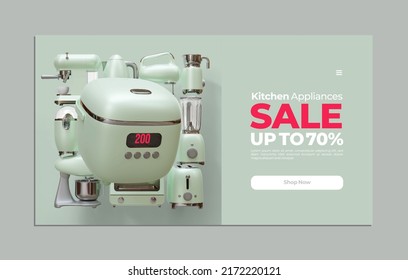 Küchengeräte verkaufen Webpage Template mit Kettle 3D Render Illustration