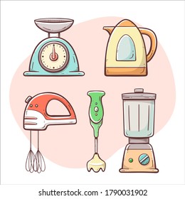 Kitchen appliances. Scale, mixer, electric jug, glass mixer, blender. Hand drawn colorful collection.