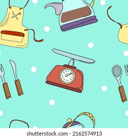Kitchen appliances. Seamless pattern on turquoise background.