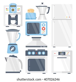 Kitchen appliances set. Coffee machine, toaster, refrigerator, coffee maker, blender, juicer, microwave, electric kettle, stove, dishwasher, kitchen extractor fan. Flat icons. Vector illustration