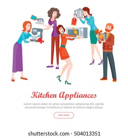 Kitchen appliances. Set of people on store sale. Flat design vector. Man and woman happy characters holding different goods with sale stickers. Home technic, electronic devices, household shopping